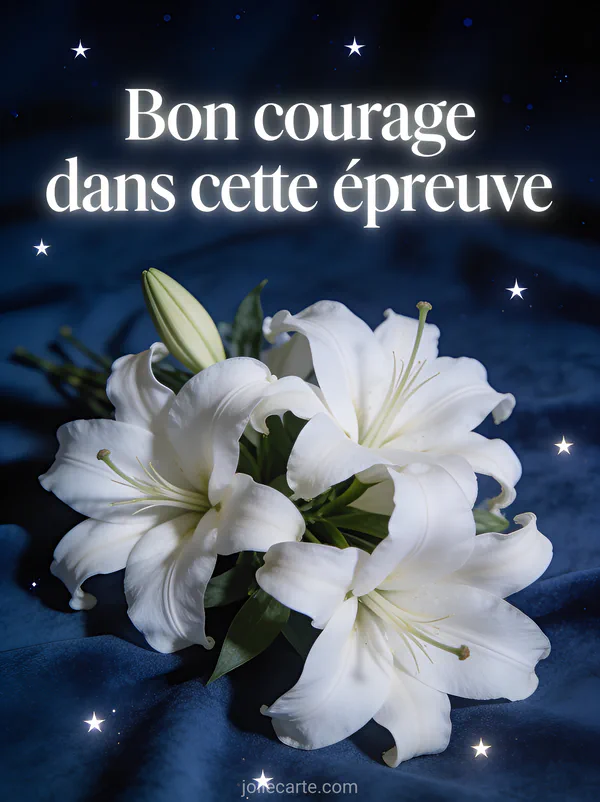 Bouquet de lys blancs posé sur un tissu bleu nuit avec lumière tamisée et étoiles scintillantes et le texte Bon courage dans cette épreuve