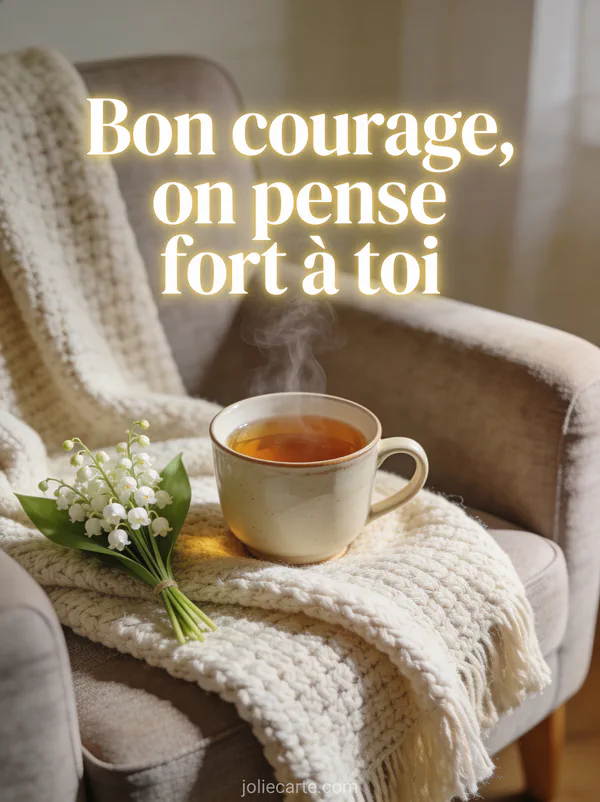 Tasse de thé fumante posée sur un plaid en laine sur un fauteuil avec un bouquet de muguet à côté et le texte Bon courage on pense fort à toi