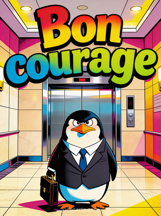 Pingouin en costume de bureau tenant une mallette devant un ascenseur avec expression déterminée et comique et le texte Bon courage
