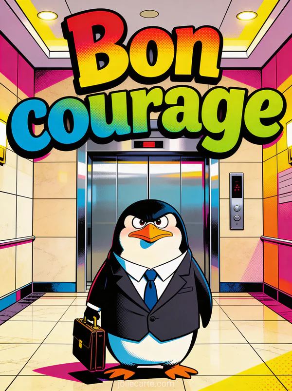 Pingouin en costume de bureau tenant une mallette devant un ascenseur avec expression déterminée et comique et le texte Bon courage