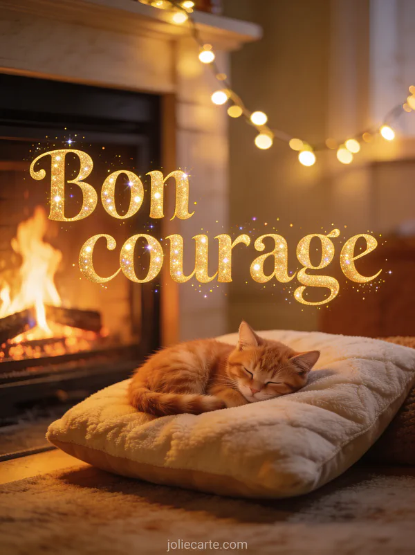 Chat roux endormi sur un coussin moelleux près d'une cheminée allumée avec une guirlande lumineuse et le texte Bon courage