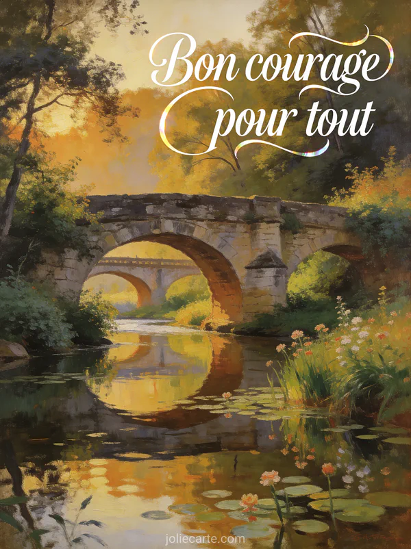 Vieux pont de pierre enjambant une rivière tranquille entouré de végétation luxuriante en lumière dorée et le texte Bon courage pour tout