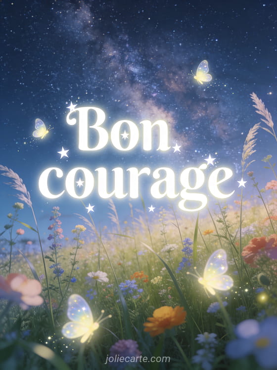 Ciel étoilé au-dessus d'un champ de fleurs sauvages avec des lucioles et la voie lactée visible avec le texte Bon courage