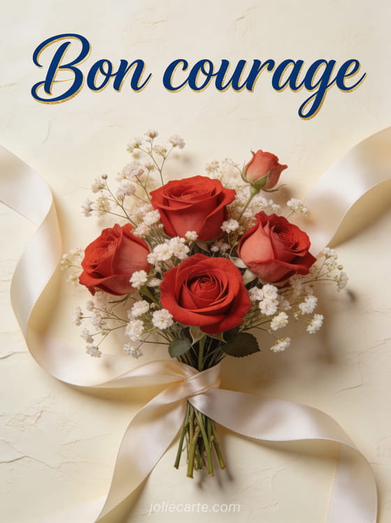 Composition florale élégante avec roses rouges et gypsophiles sur fond crème texturé avec rubans de soie et le texte Bon courage