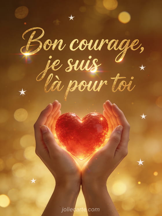 Deux mains tenant un coeur rouge lumineux sur un fond de bokeh doré avec des étoiles scintillantes et le texte Bon courage je suis là pour toi