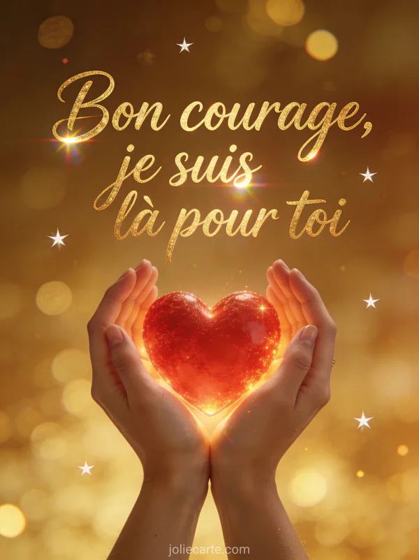 Deux mains tenant un coeur rouge lumineux sur un fond de bokeh doré avec des étoiles scintillantes et le texte Bon courage je suis là pour toi
