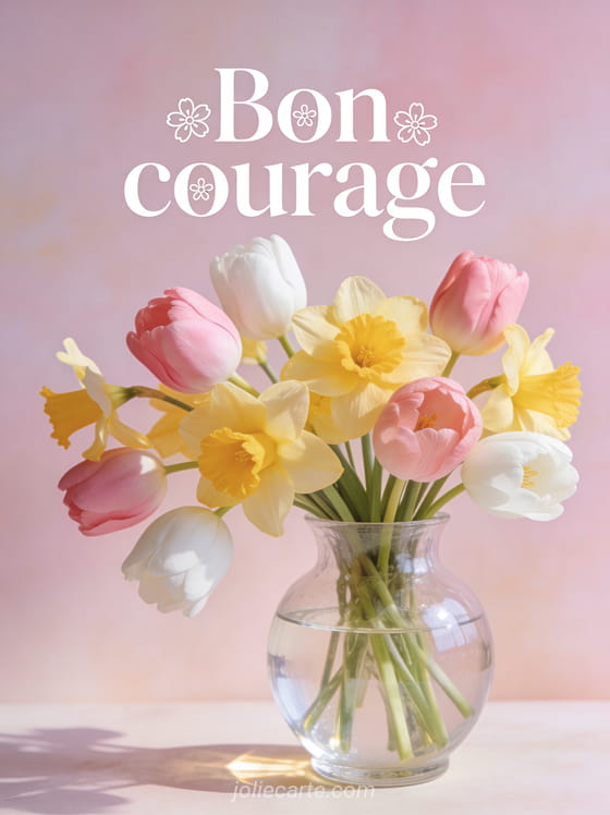 Bouquet de tulipes roses et blanches avec narcisses jaunes dans un vase en verre et lumière naturelle et le texte Bon courage