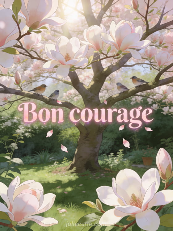 Grand magnolia en fleurs dans un jardin verdoyant avec des oiseaux sur les branches et des pétales roses avec le texte Bon courage