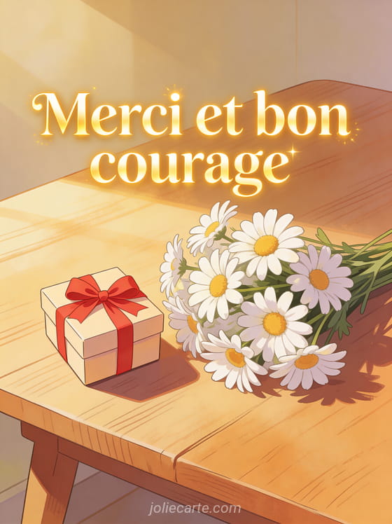 Petite boîte cadeau avec ruban rouge à côté d'un bouquet de marguerites sur une table en bois et le texte Merci et bon courage en lettres dorées
