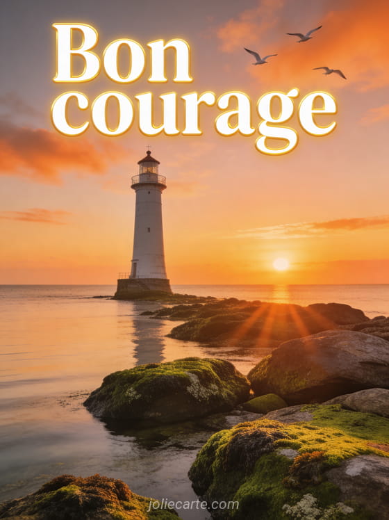 Phare au bord de la mer au lever du soleil avec des rochers couverts de mousse et des mouettes dans le ciel avec le texte Bon courage