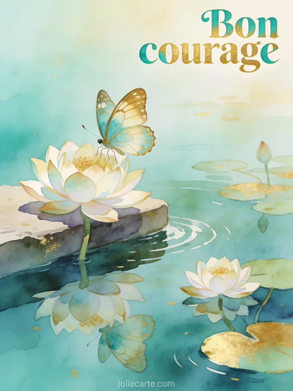 Papillon posé sur une fleur de lotus au bord d'un étang avec nénuphars et lumière douce et le texte Bon courage en lettres turquoise