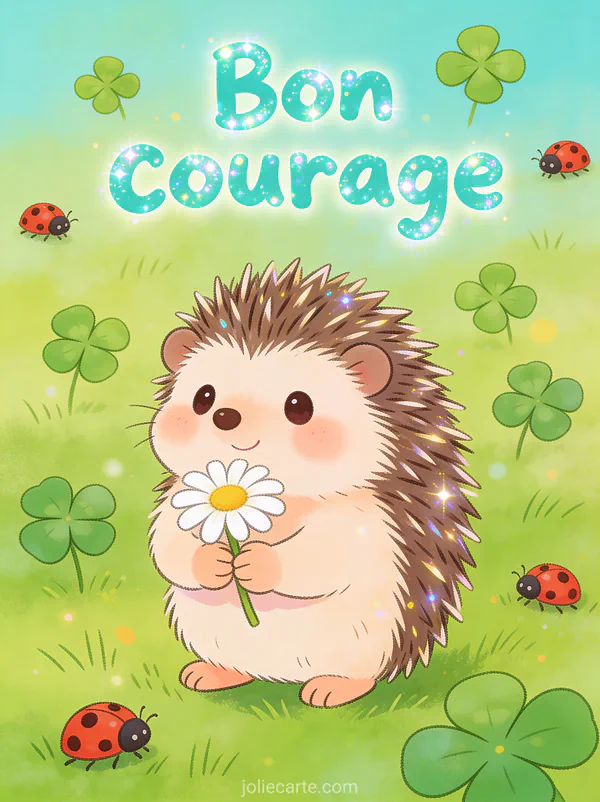 Petit hérisson mignon tenant une marguerite dans une prairie verte avec des trèfles et des coccinelles avec le texte Bon courage