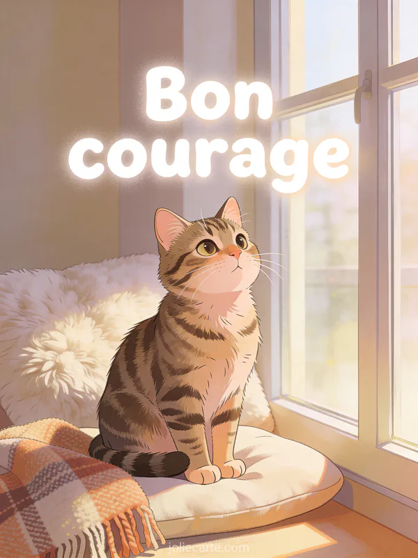 Chat tigré adorable assis sur un coussin moelleux près d'une fenêtre avec lumière chaude et plaid en laine et le texte Bon courage