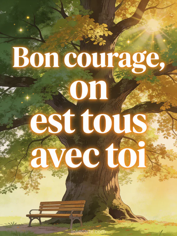 Grand chêne majestueux avec des feuilles vertes et dorées, banc en bois dessous et lumière du soleil filtrant à travers le feuillage avec le texte Bon courage on est tous avec toi