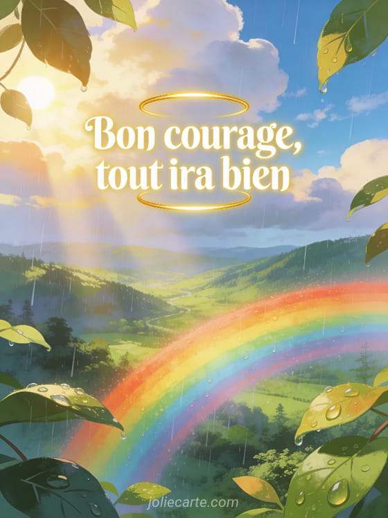 Arc-en-ciel vibrant au-dessus d'une vallée verte après la pluie avec soleil perçant les nuages et le texte Bon courage tout ira bien