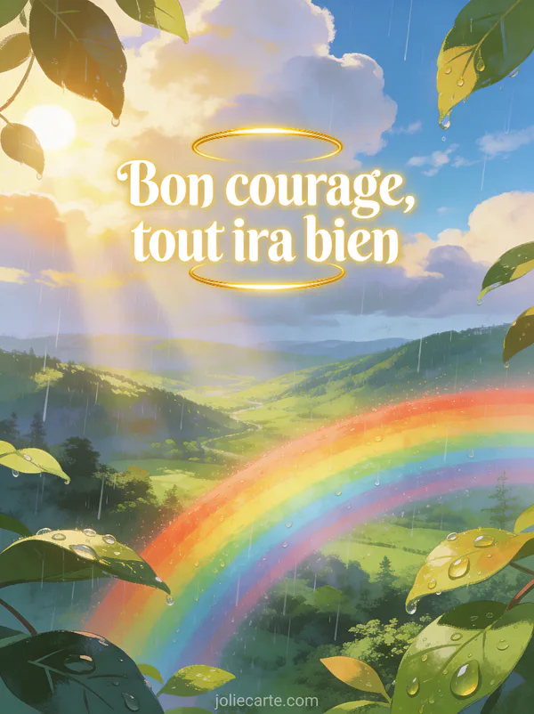 Arc-en-ciel vibrant au-dessus d'une vallée verte après la pluie avec soleil perçant les nuages et le texte Bon courage tout ira bien
