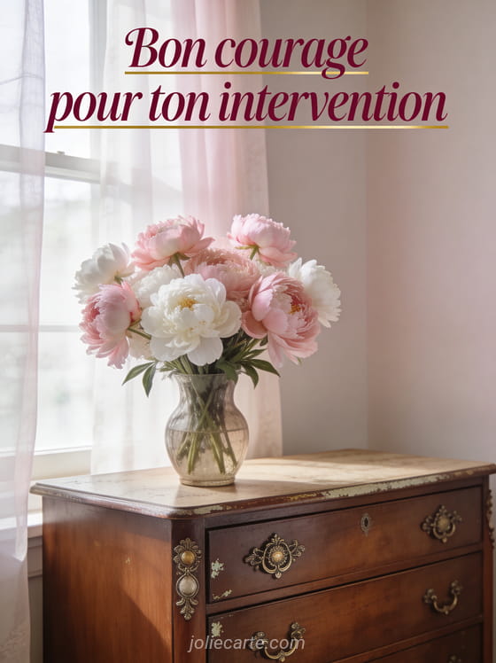 Vase de pivoines roses et blanches sur une commode ancienne avec lumière naturelle et rideaux en voile avec le texte Bon courage pour ton intervention