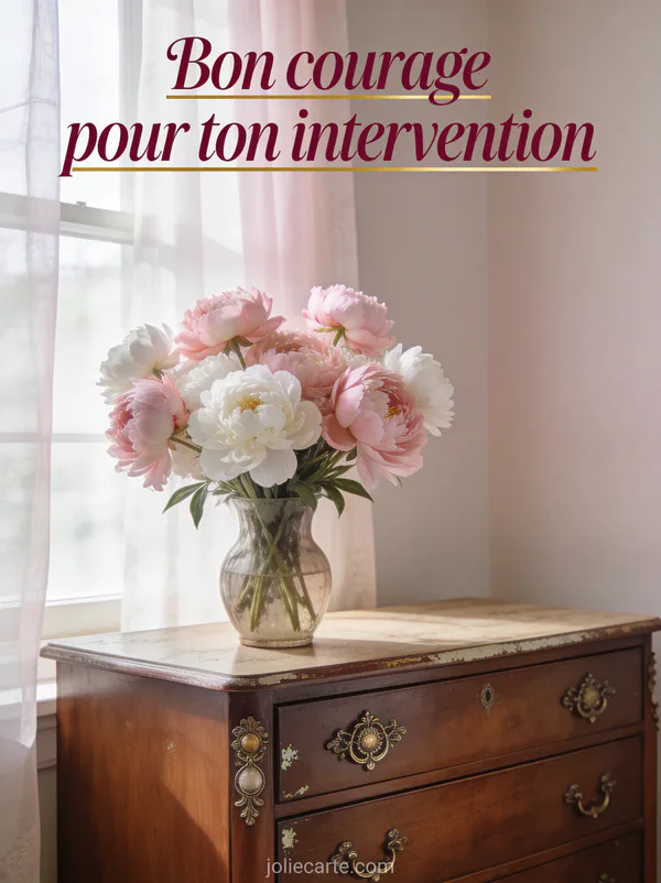 Vase de pivoines roses et blanches sur une commode ancienne avec lumière naturelle et rideaux en voile avec le texte Bon courage pour ton intervention