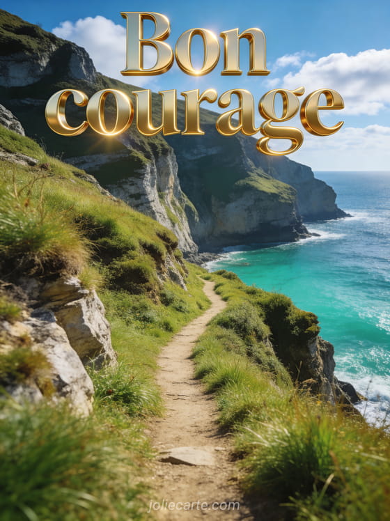 Sentier côtier avec falaises couvertes d'herbe verte et mer turquoise sous un ciel bleu lumineux et le texte Bon courage en lettres dorées
