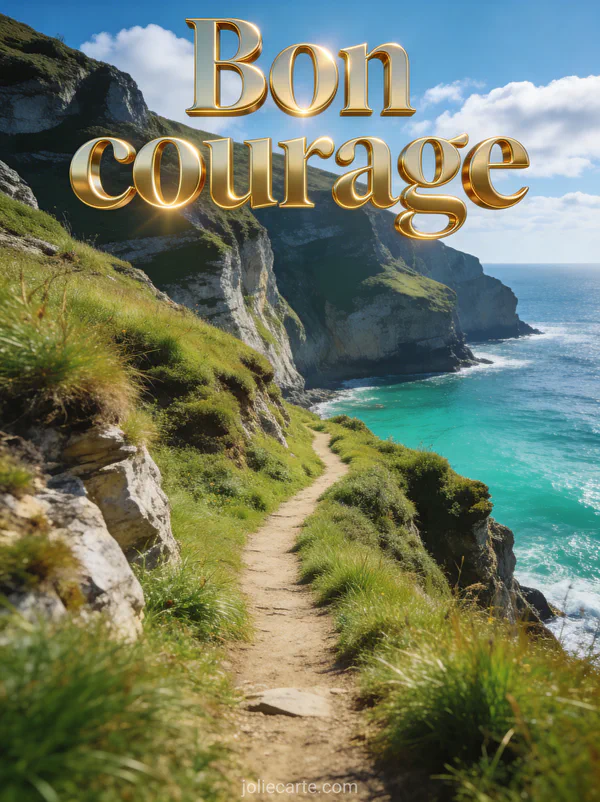 Sentier côtier avec falaises couvertes d'herbe verte et mer turquoise sous un ciel bleu lumineux et le texte Bon courage en lettres dorées