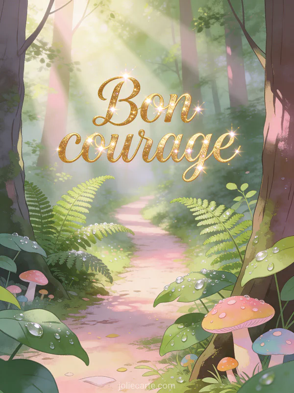 Sentier de forêt au petit matin avec des rayons de soleil perçant à travers les arbres, fougères et champignons avec le texte Bon courage