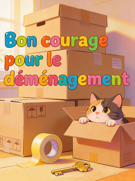 Cartons empilés avec un chat curieux sortant la tête d'un carton ouvert et une clé dorée posée devant et le texte Bon courage pour le déménagement