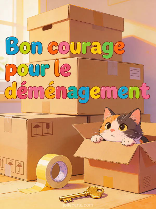 Cartons empilés avec un chat curieux sortant la tête d'un carton ouvert et une clé dorée posée devant et le texte Bon courage pour le déménagement