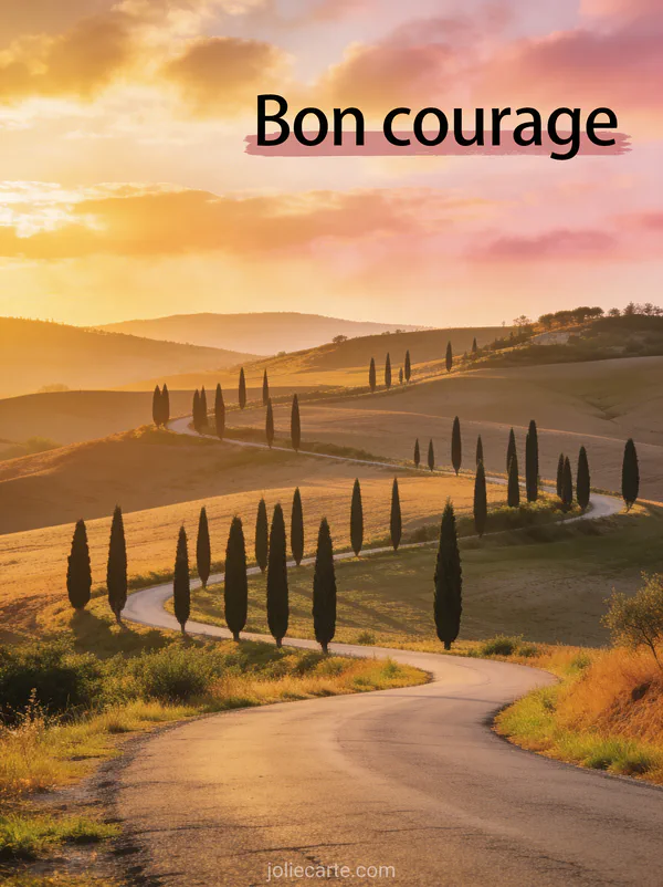 Paysage de collines toscanes au coucher du soleil avec cyprès le long d'une route sinueuse et ciel doré et le texte Bon courage