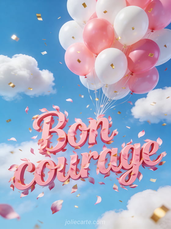 Ballons roses et blancs qui s'envolent dans un ciel bleu avec des confettis dorés et des nuages cotonneux avec le texte Bon courage