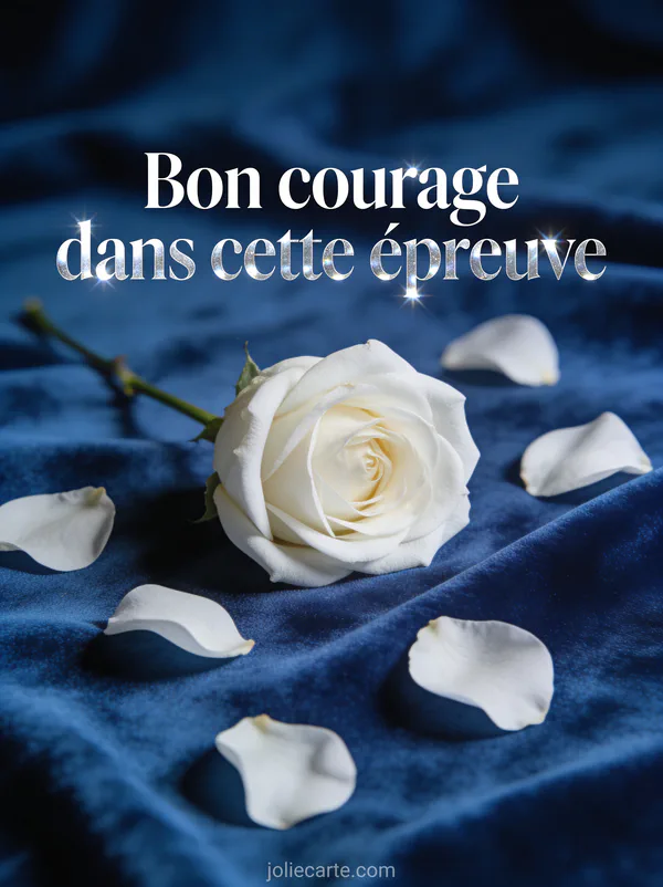 Rose blanche unique posée sur un fond de velours bleu profond avec pétales détachés et lumière tamisée et le texte Bon courage dans cette épreuve