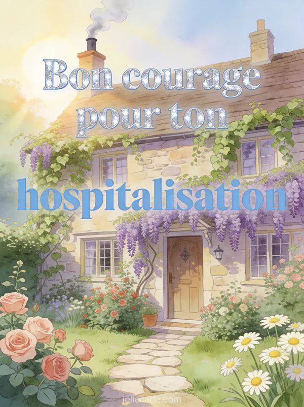 Cottage en pierre couvert de lierre et de glycine mauve avec un jardin fleuri et un chemin en dalles avec le texte Bon courage pour ton hospitalisation