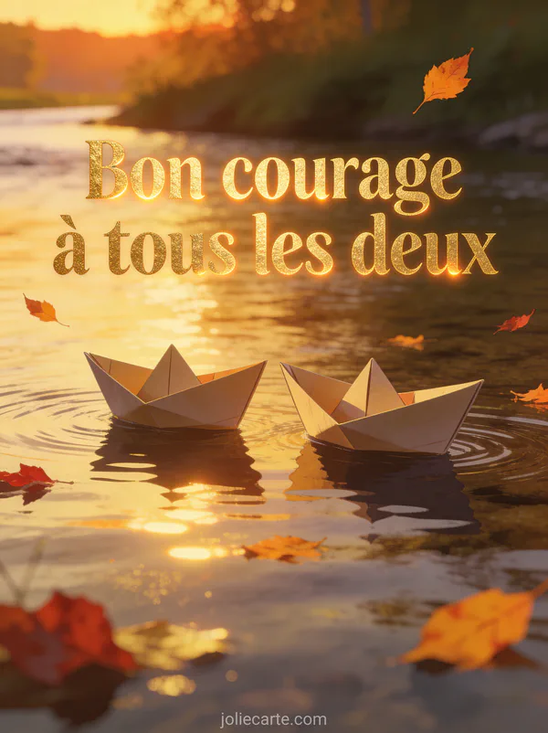 Deux petits bateaux en papier voguant côte à côte sur une rivière calme au coucher du soleil avec feuilles d'automne et le texte Bon courage à tous les deux