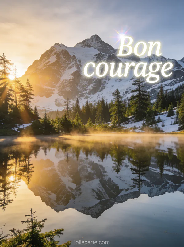Paysage de montagne au lever du soleil avec un lac miroir reflétant les sommets enneigés et des sapins dans la brume avec le texte Bon courage