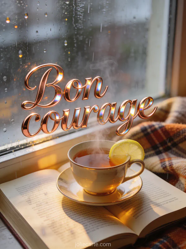 Tasse de thé fumante avec citron posée sur un livre ouvert près d'une fenêtre avec pluie derrière la vitre et le texte Bon courage en lettres cuivrées