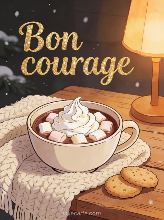 Bol de chocolat chaud avec crème fouettée et marshmallows sur une table en bois rustique avec une couverture en laine et le texte Bon courage