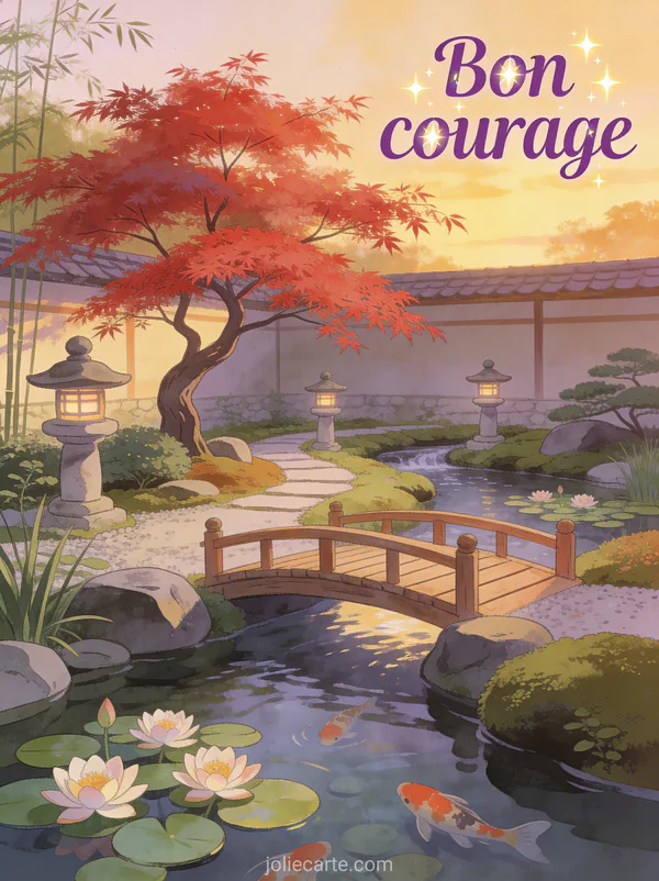 Jardin japonais avec un petit pont en bois au-dessus d'un ruisseau, érable rouge, lanternes en pierre et carpes koï avec le texte Bon courage