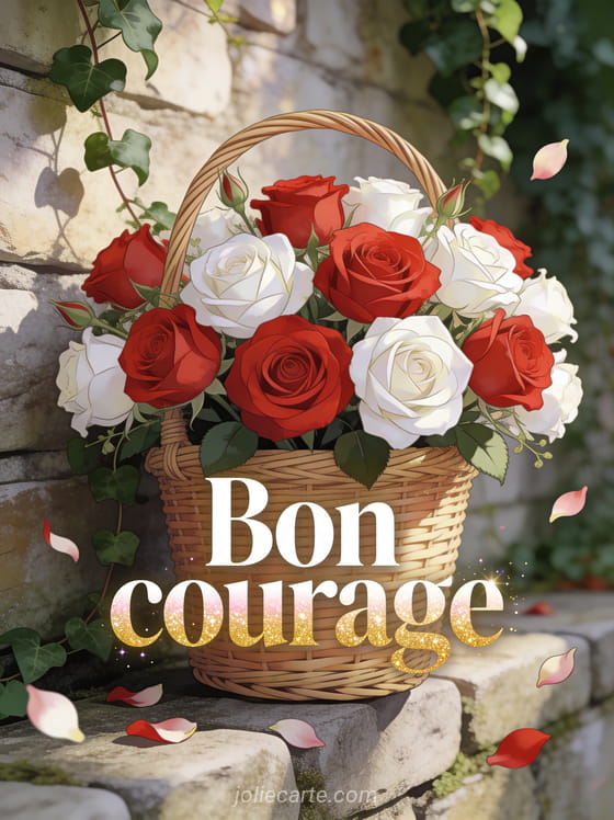 Bouquet de roses rouges et blanches dans un panier en osier posé sur un muret de pierre avec du lierre et des pétales dispersés avec le texte Bon courage