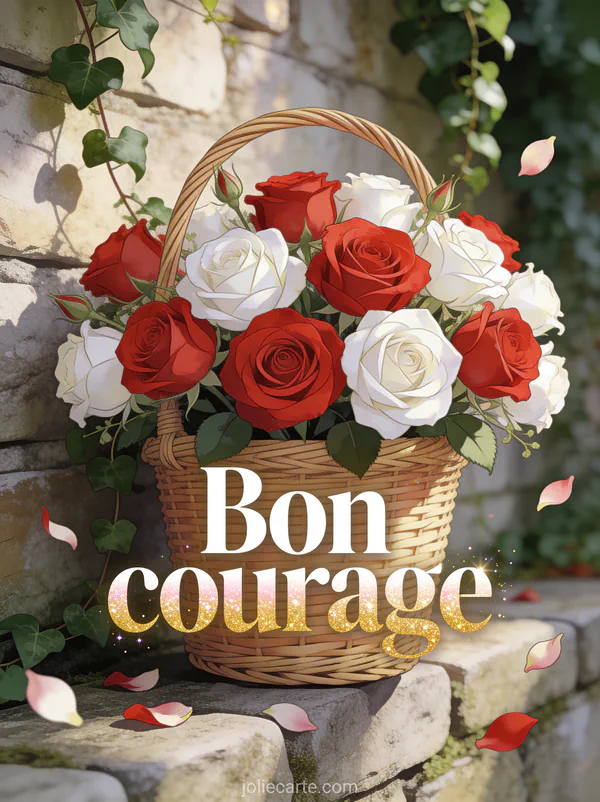 Bouquet de roses rouges et blanches dans un panier en osier posé sur un muret de pierre avec du lierre et des pétales dispersés avec le texte Bon courage
