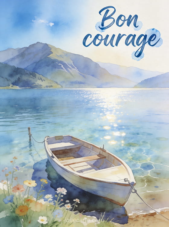 Paysage de bord de lac avec montagnes en arrière-plan et barque amarrée avec fleurs sauvages sur la berge et le texte Bon courage