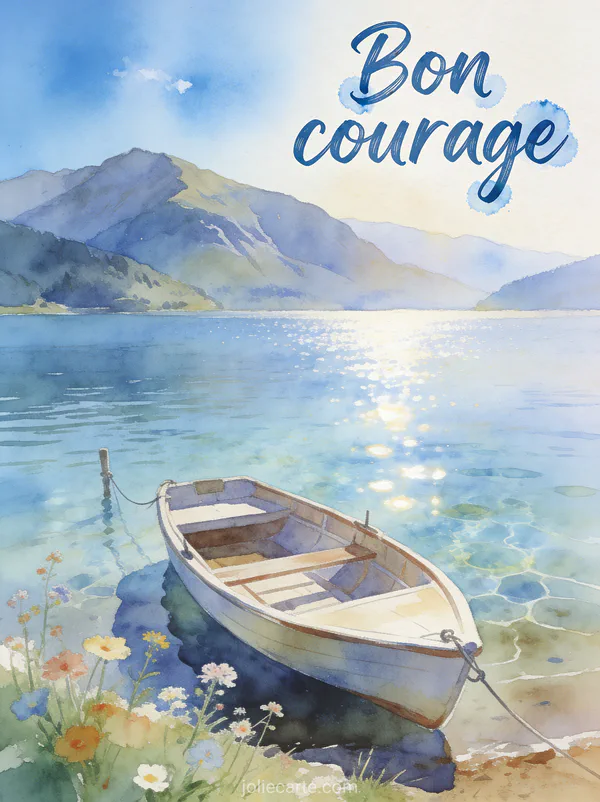 Paysage de bord de lac avec montagnes en arrière-plan et barque amarrée avec fleurs sauvages sur la berge et le texte Bon courage