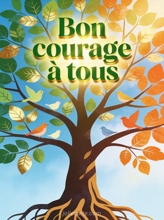 Grand arbre de vie stylisé avec des feuilles multicolores et des oiseaux colorés sur les branches sur un fond de ciel bleu avec le texte Bon courage à tous