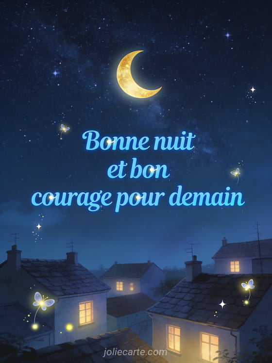 Ciel nocturne étoilé au-dessus d'un village avec fenêtres éclairées et croissant de lune doré avec lucioles et le texte Bonne nuit et bon courage pour demain