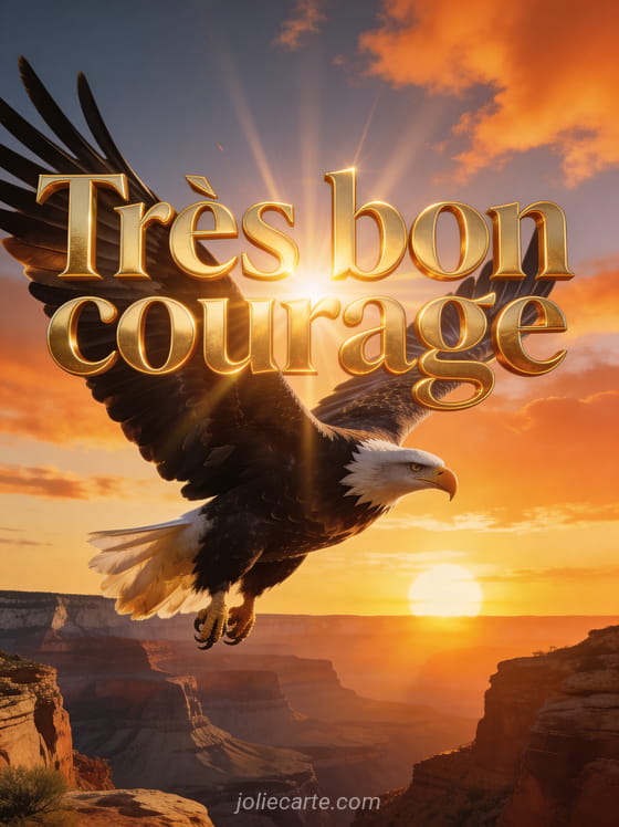 Aigle majestueux planant au-dessus d'un canyon au lever du soleil avec ailes déployées et rayons dorés et le texte Très bon courage