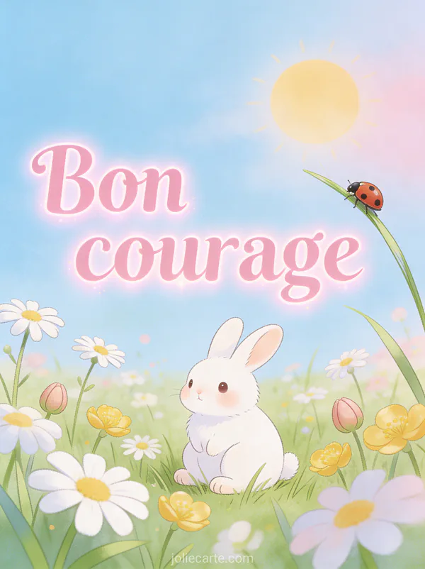 Petit lapin blanc assis dans un champ de fleurs printanières avec des pâquerettes et des boutons d'or sous un ciel bleu pastel avec le texte Bon courage