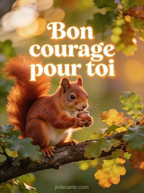 Écureuil roux tenant une noisette sur une branche de chêne avec feuilles dorées en lumière de golden hour et le texte Bon courage pour toi