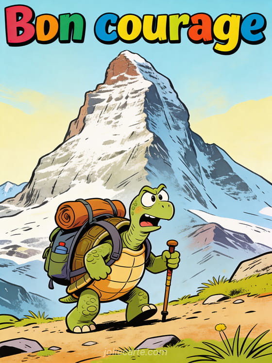 Tortue portant un sac à dos de randonneur devant une montagne immense avec expression déterminée et bâton de marche et le texte Bon courage