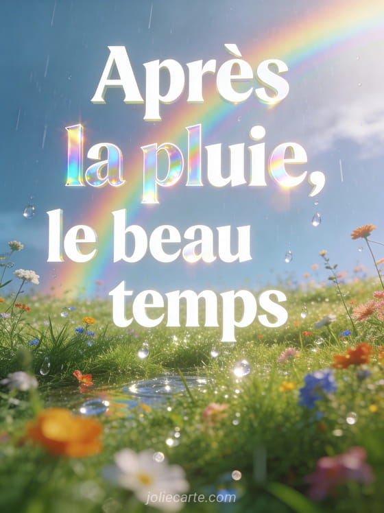 Prairie verdoyante après une averse avec arc-en-ciel complet et gouttelettes scintillantes au soleil et le texte Après la pluie le beau temps