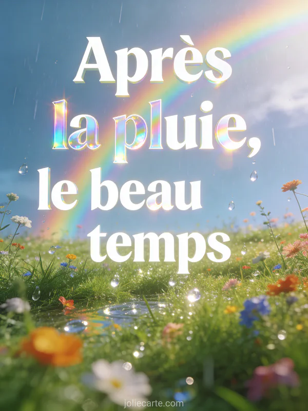 Prairie verdoyante après une averse avec arc-en-ciel complet et gouttelettes scintillantes au soleil et le texte Après la pluie le beau temps