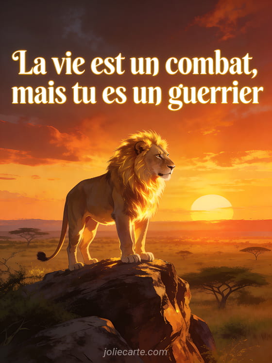 Lion majestueux au sommet d'un rocher surplombant la savane au coucher du soleil avec crinière dorée et le texte La vie est un combat mais tu es un guerrier