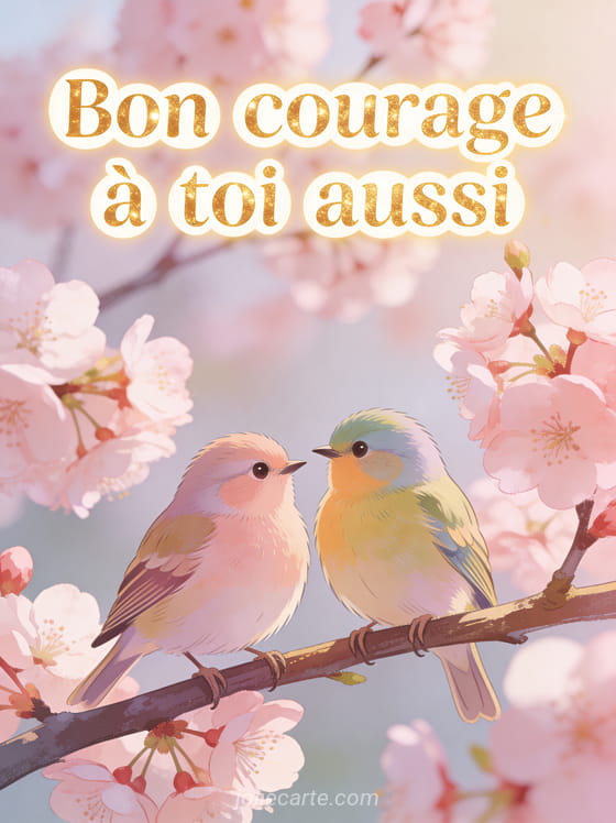 Deux petits oiseaux colorés perchés côte à côte sur une branche fleurie de cerisier avec lumière printanière et le texte Bon courage à toi aussi